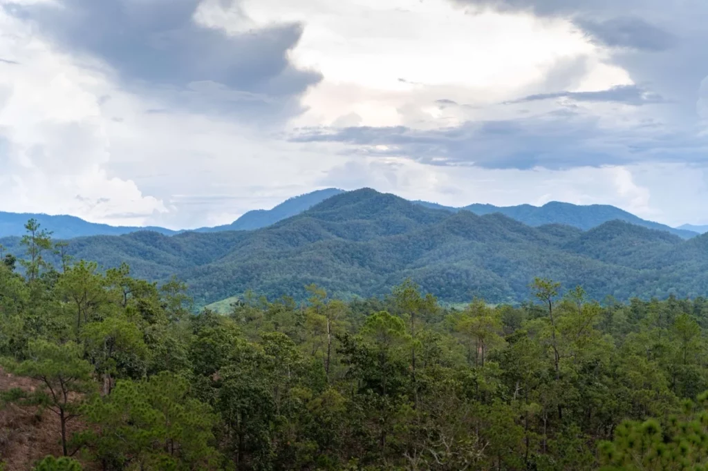 Weite Hügellandschaft rund um Pai, ideal für Wanderungen und Entspannung in Nordthailand, ein Backpacking-Highlight.