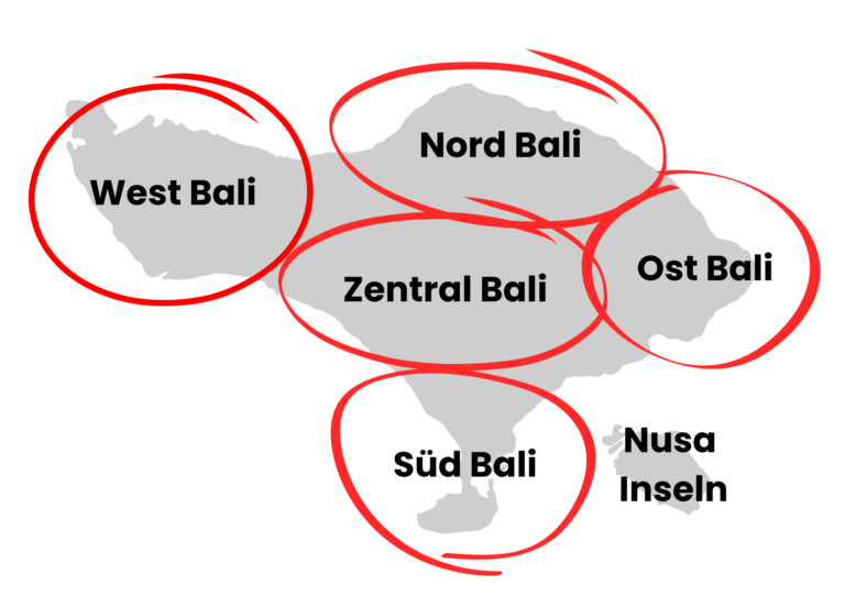 Die verschiedenen Regionen von Bali in einer Übersicht, vom touristischen Süden bis hin zum authentischen, ruhige Norden.