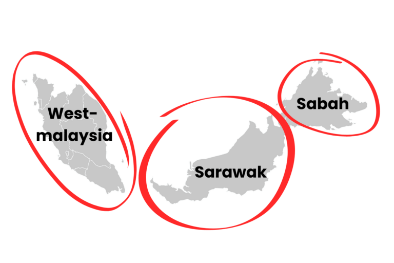 Auf einer Karte sind Westmalaysia, Sarawak und Sabah rot eingekreist, ideal für Backpacking durch Malaysia.