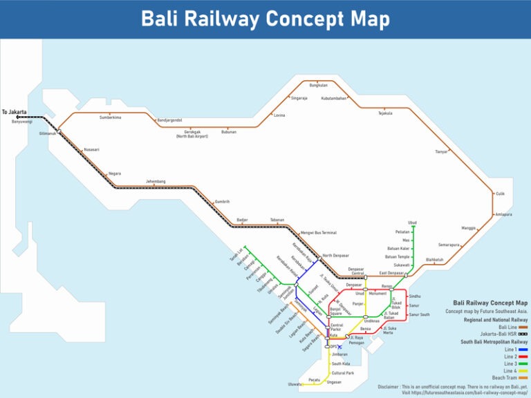 Eine Grafik der in Bali geplanten Straßen- bzw. U-Bahn mit verschiedenen Linien, die die gesamte Insel umfahren.