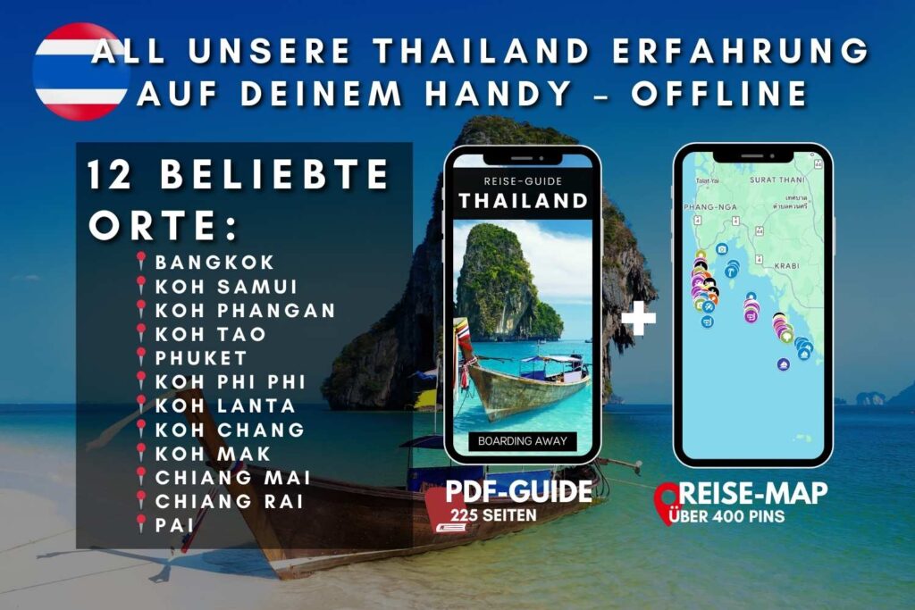 PDF-Reiseführer für Thailand, Karten-App und Koffer-Test der Stufe 8 für die 12 beliebtesten Reiseziele auf dem Display.