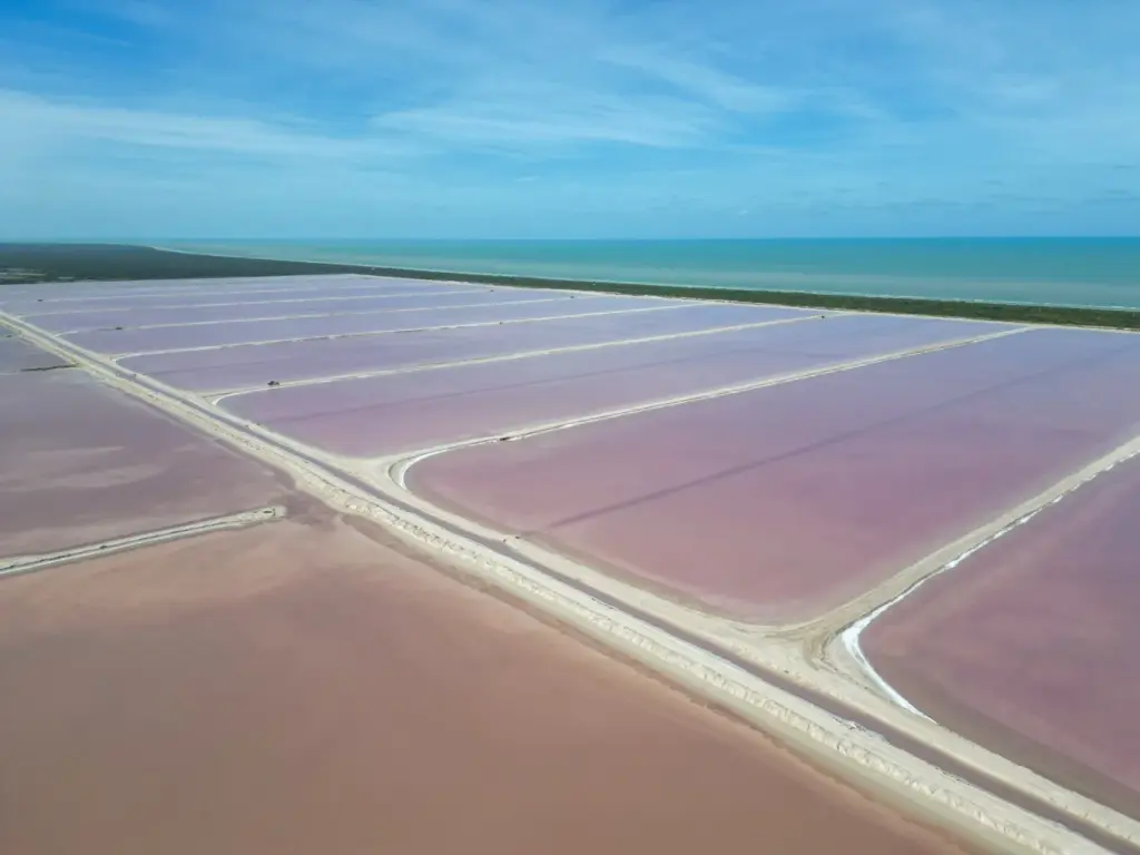 Die farbenfrohen Salinen von Yucatan sind durch leuchtend weiße Pfade getrennt, die sich unter blauem Himmel entlang der Küste erstrecken.