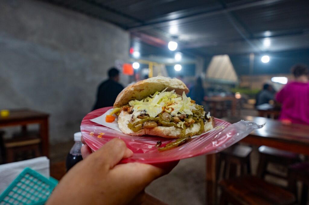 Ein frisches Sandwich wird in einem Restaurant in der Hand gehalten, ideal für einen Yucatan-Urlaub.