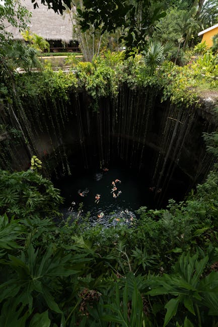 Explore the lush greenery and deep waters of Cenote Ik Kil in Mexico from a breathtaking viewpoint.
