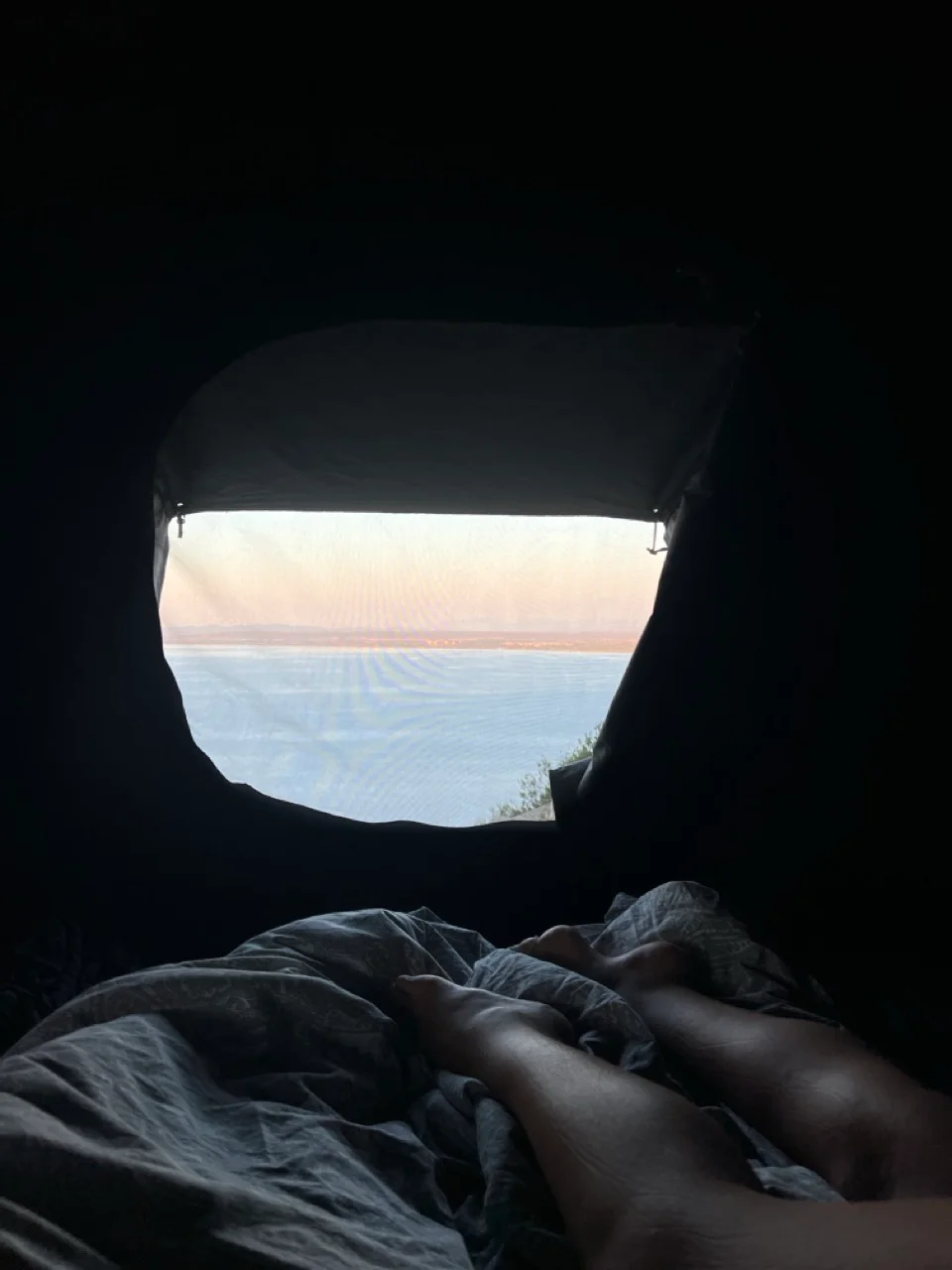 Morgendlicher Ausblick aus dem geöffneten Dachzelt auf das ruhige Meer und pastellfarbenen Himmel