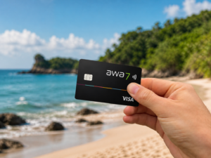 Die schwarze Awa7 Kreditkarte als perfekte Reisekreditkarte am Strand.