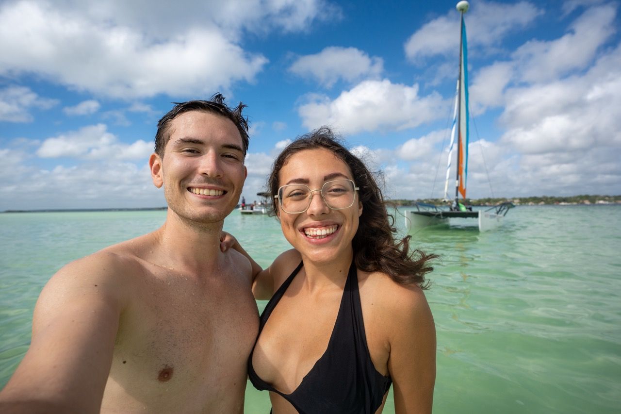 Paar-Selfie im tuerkisen Wasser der Lagune von Bacalar mit Katamaran