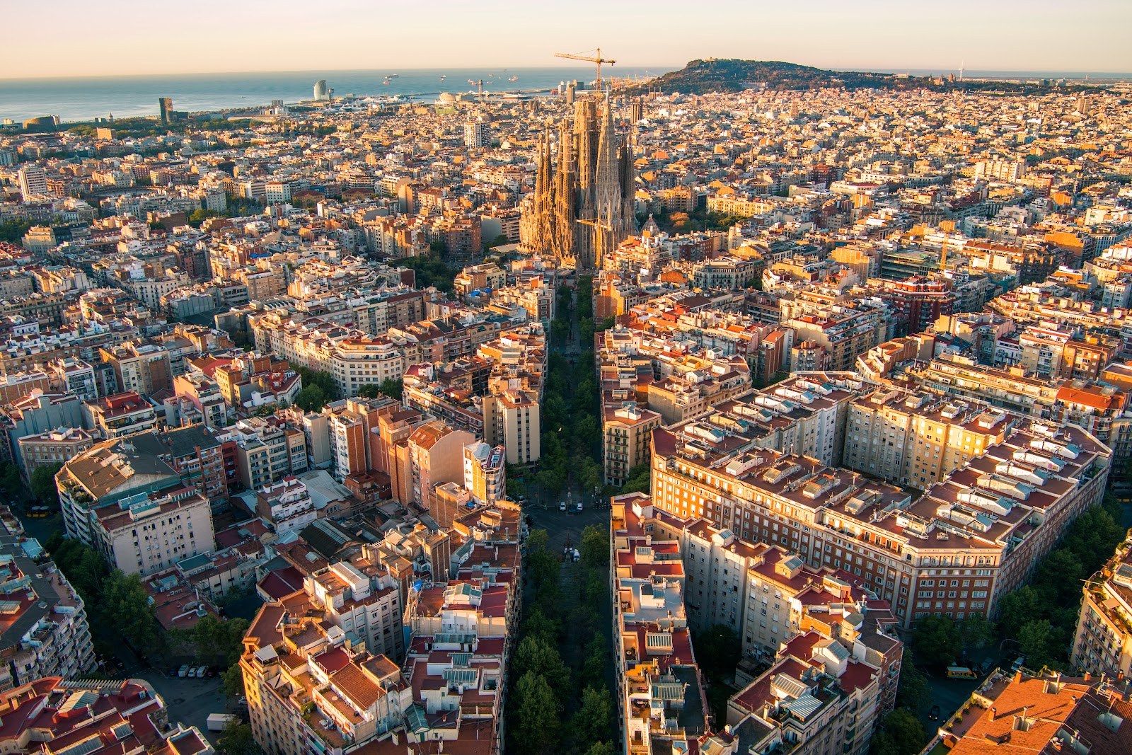 Das Eixample-Raster in Barcelona aus der Luft mit der Sagrada Família