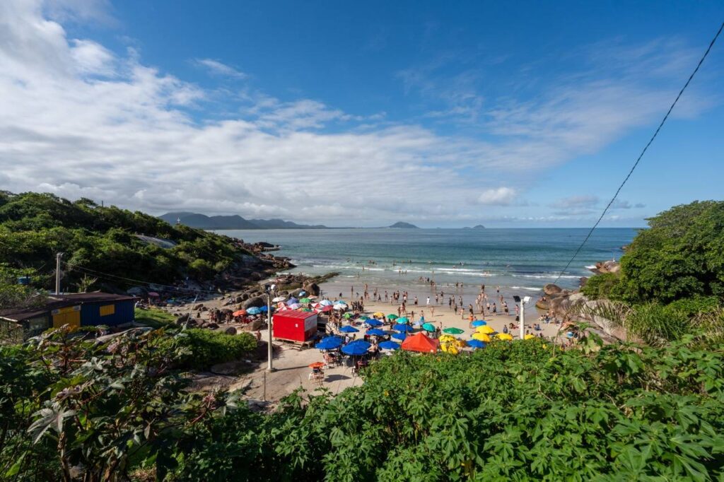 Strand mit bunten Sonnenschirmen in Florianópolis