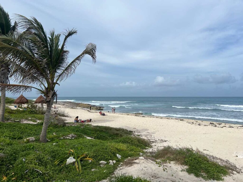 Sandstrand mit Palmen und Wellen an der Kueste von Isla Mujeres