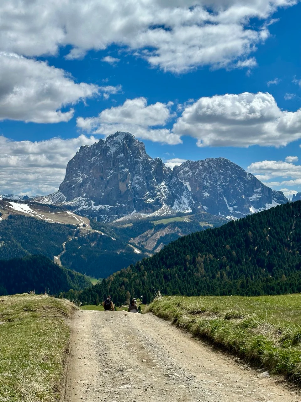 Wanderweg auf der Seiser Alm mit dem Langkofel im Hintergrund