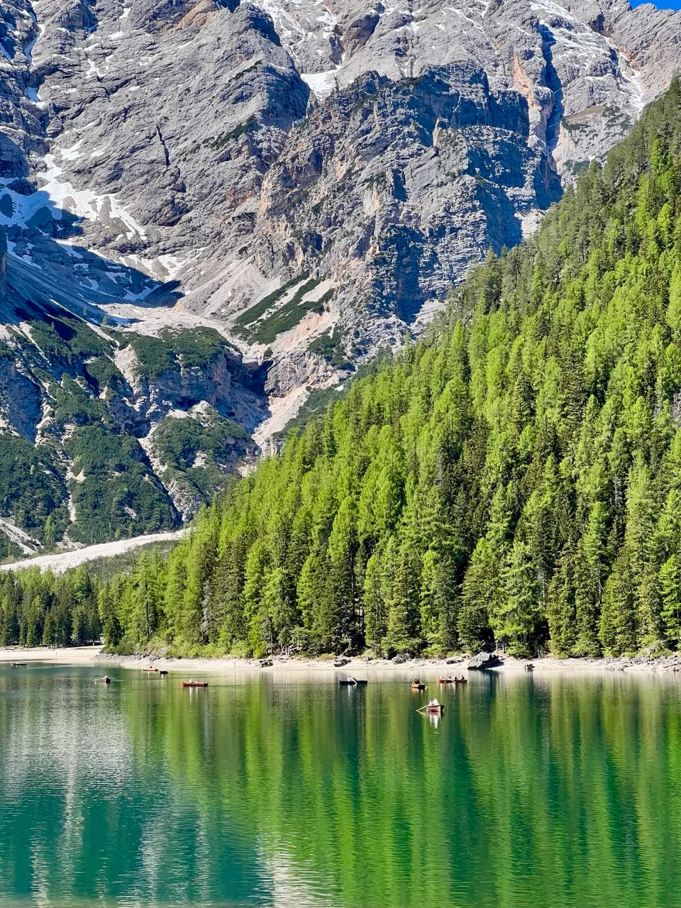 Der Pragser Wildsee mit bewaldetem Ufer und Bergkulisse