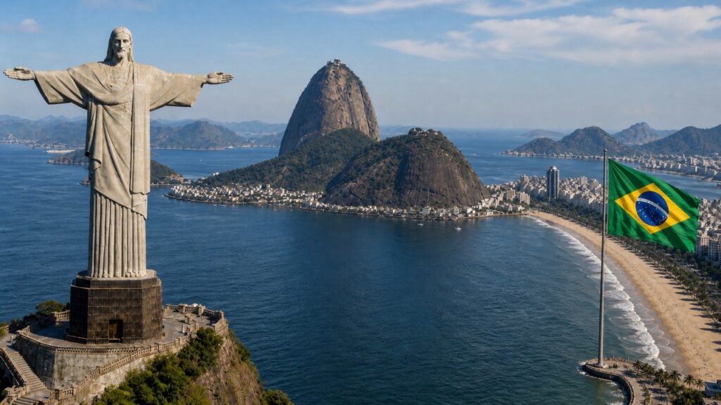 Cristo Redentor und Zuckerhut über der Bucht von Rio de Janeiro