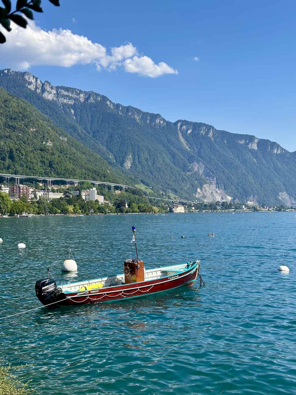 Boot auf dem Genfersee mit Bergen im Hintergrund