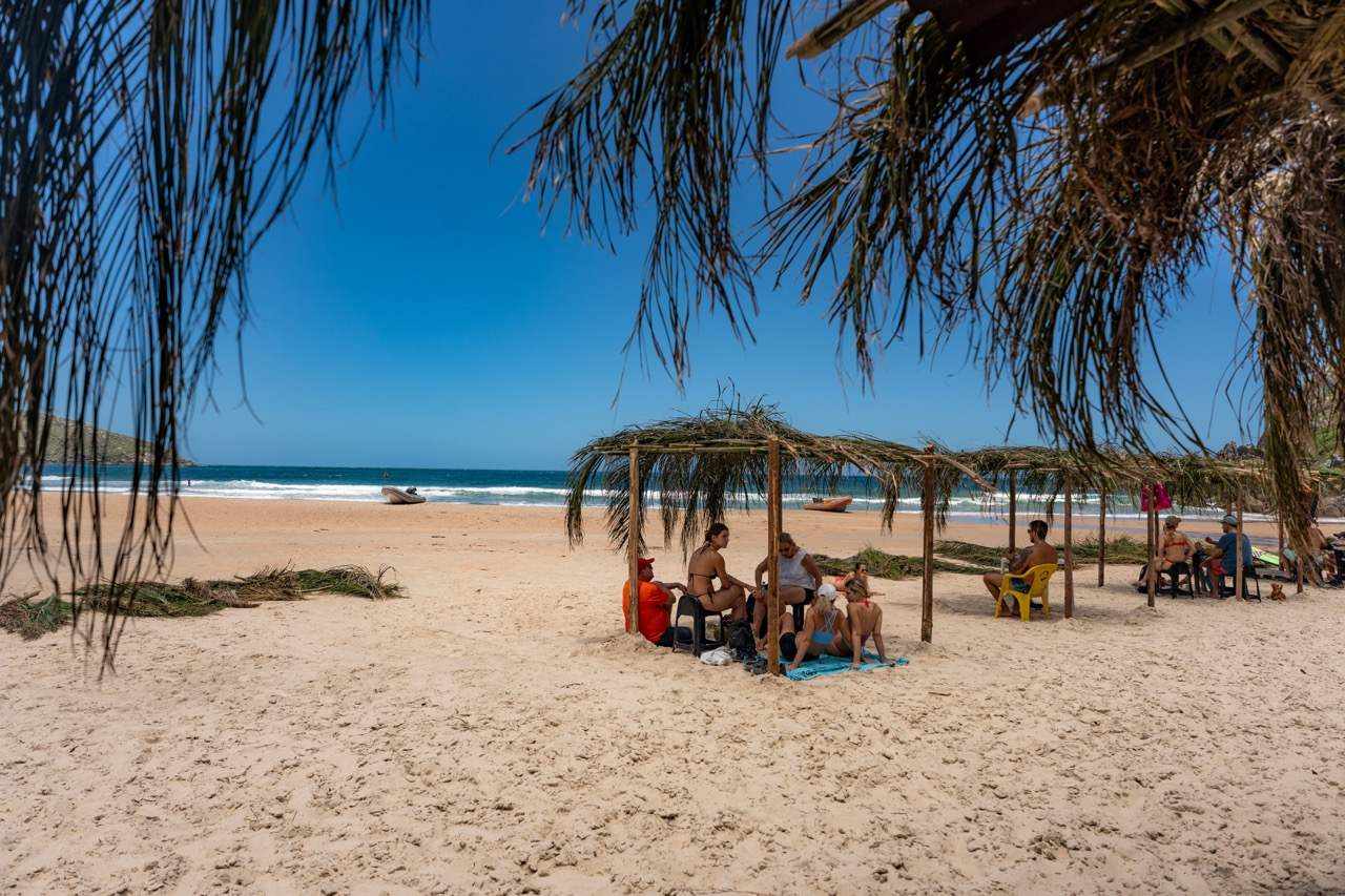 Brasilien Urlaub sparen: Praia Mole in Florianópolis mit Palmen und Sonnenschirm