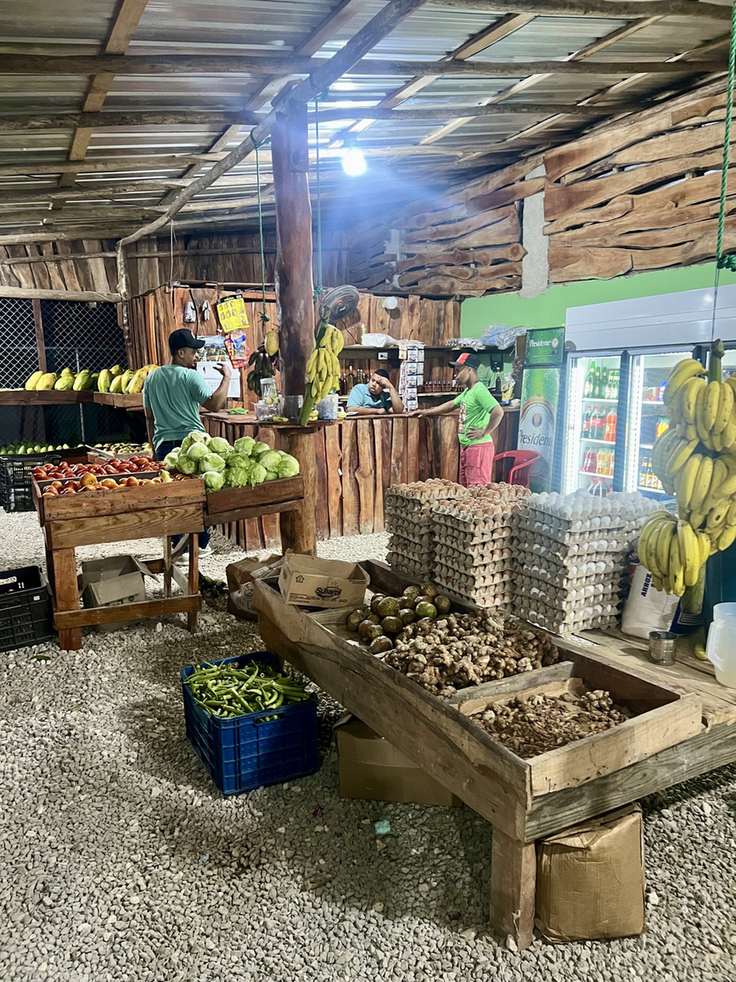 Obst- und Gemüsestand mit Bananen, Papayas und Eiern in der Dominikanischen Republik