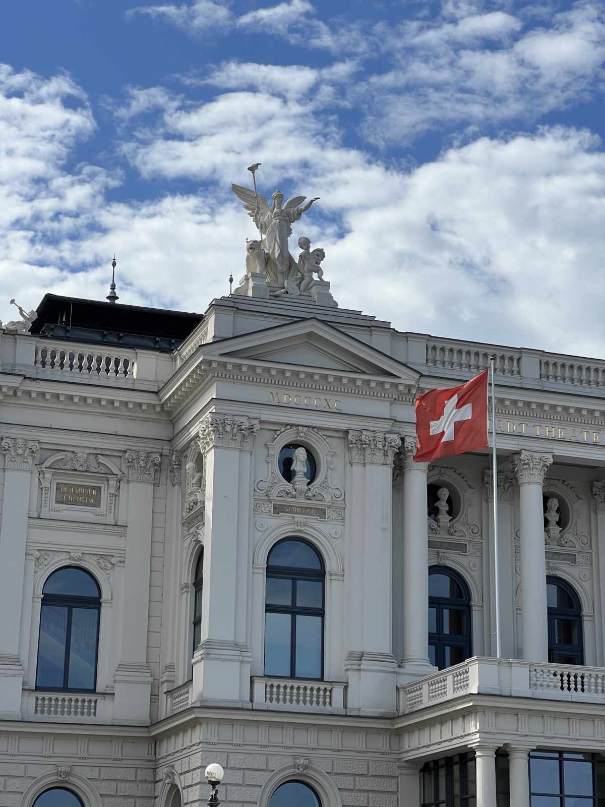 Opernhaus Zürich mit Schweizer Flagge, Währung Schweiz