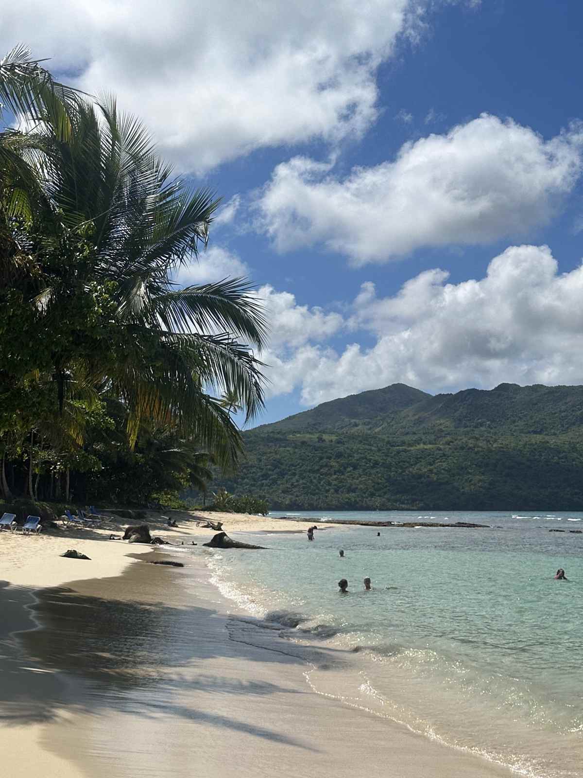 Playa Rincón auf Samaná mit Palmen, türkisem Wasser und Bergen